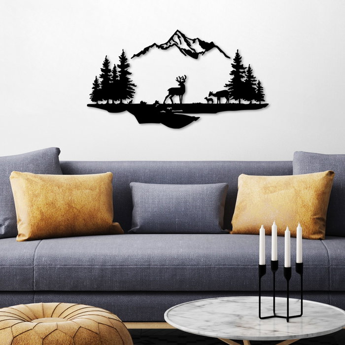 Wallity Deer And Landscape - 1 Escultura de pared de metal negra